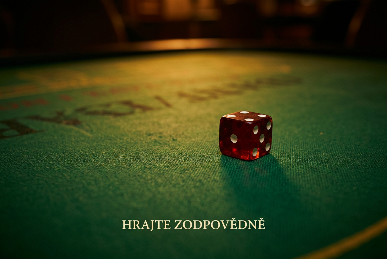 Osamocená hrací kostka na zeleném plátně symbolizující zodpovědné hraní